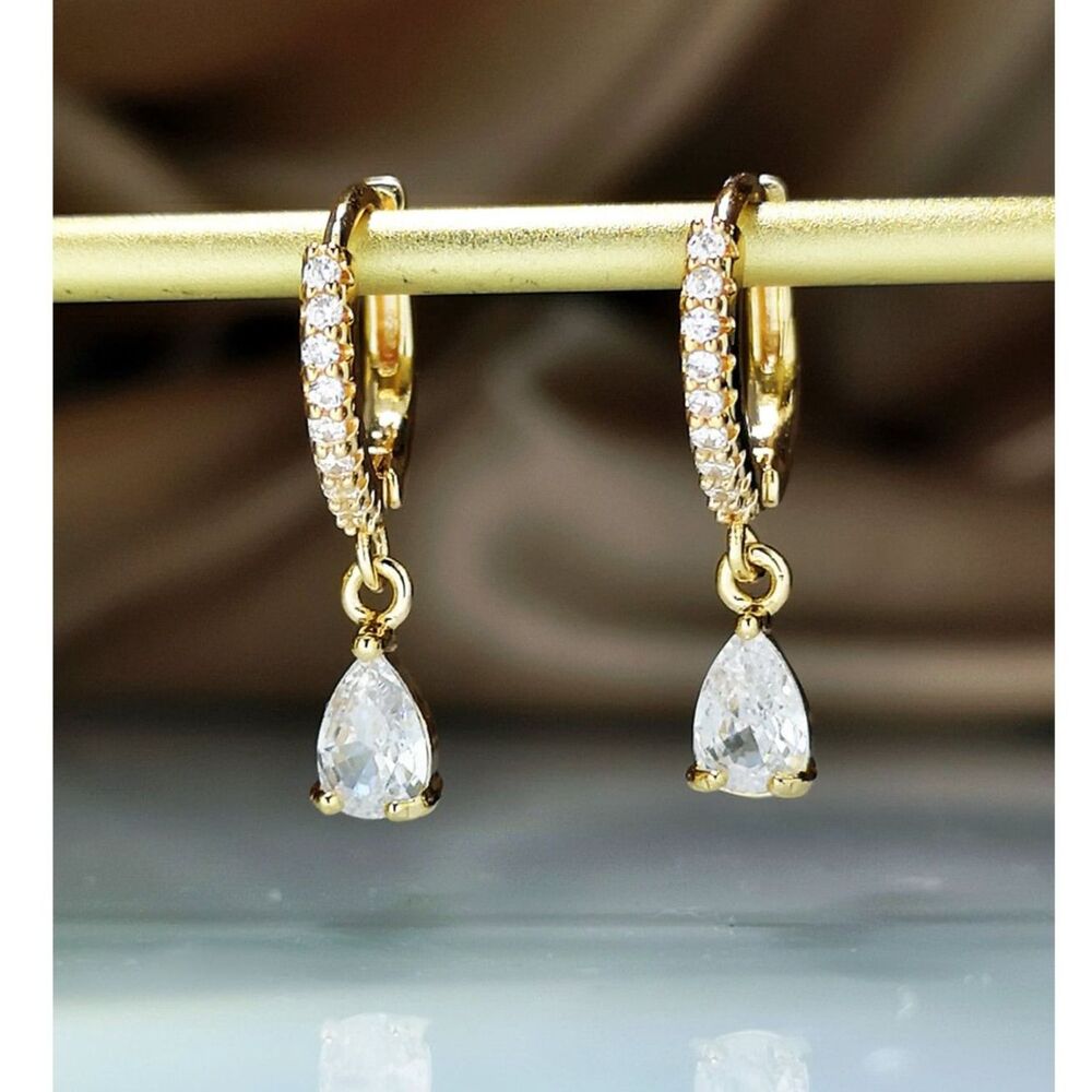 Clear Zirconia Teardrop Crystal Drop Hoop Earrings Gold Dangle Gemstone Pendant